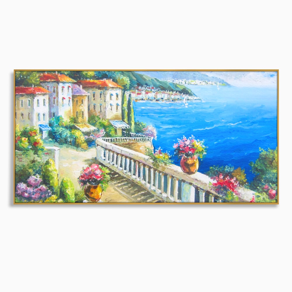 Tablou canvas cu pictura case pe malul marii, in rama de aluminiu auriu